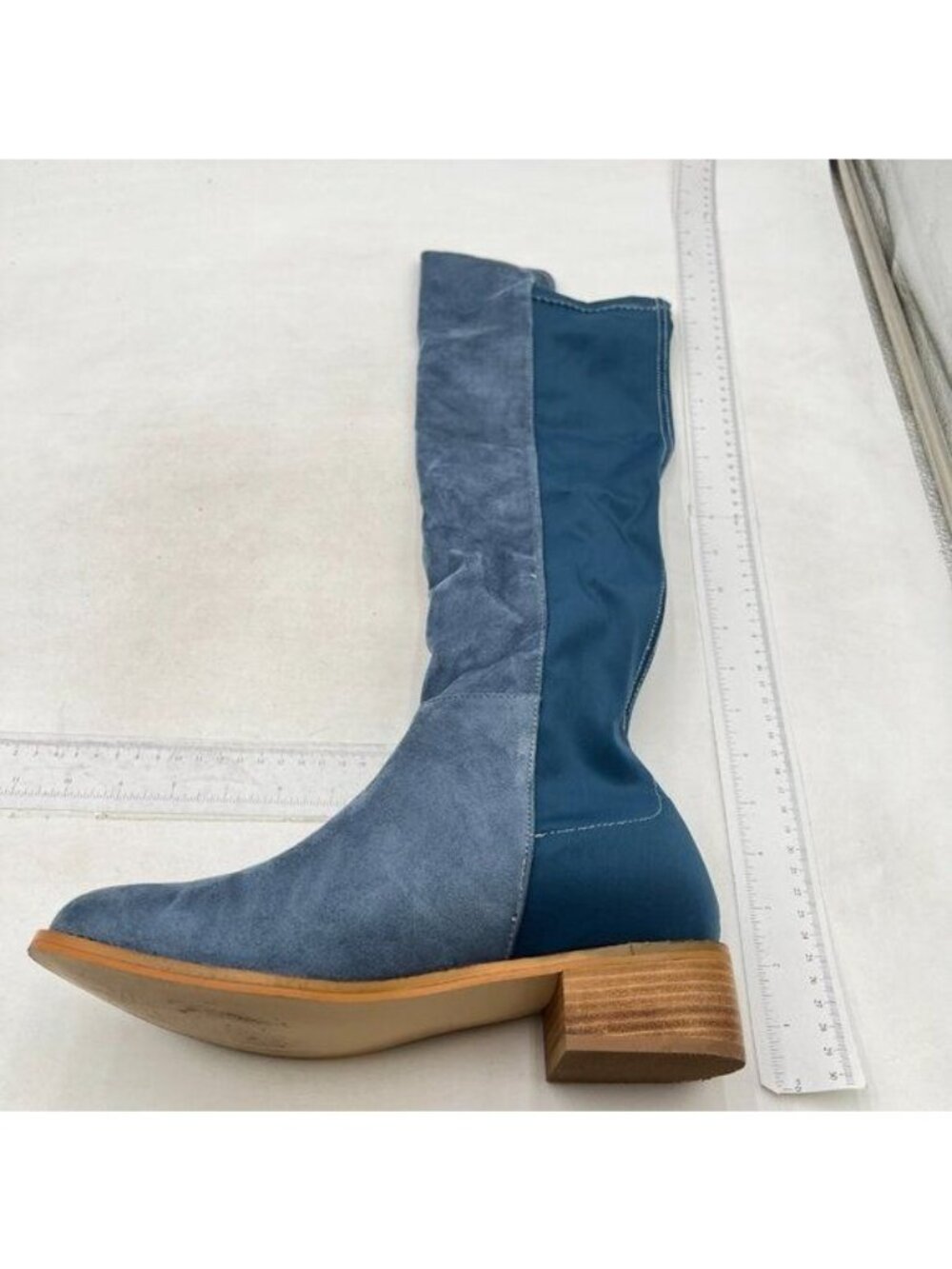 Blue Women Stretchy Pull On Knee High Boots Round Toe Low Heel Office Long Boot